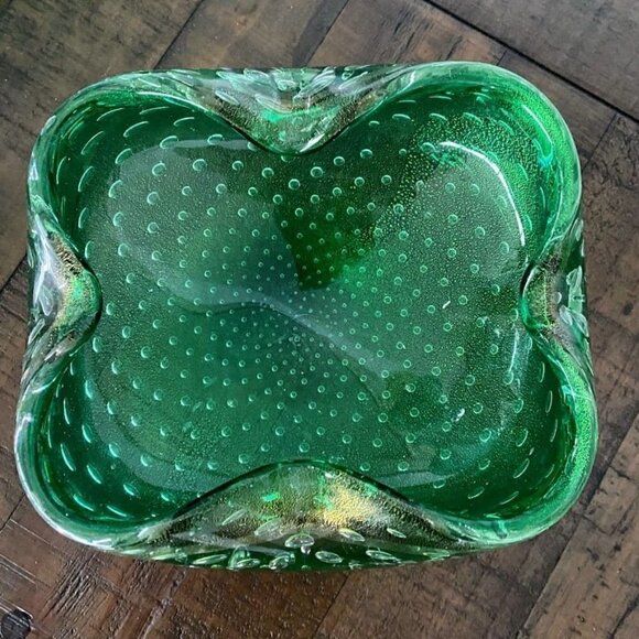 Murano Large Aventurine Bullicante Mid-Century Modern Emerald Green Bowl Ashtray - Picture 9 of 9